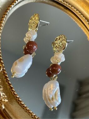 Gold-Tone Drop Earrings with White Baroque Pearls & Brown Gemstone Beads